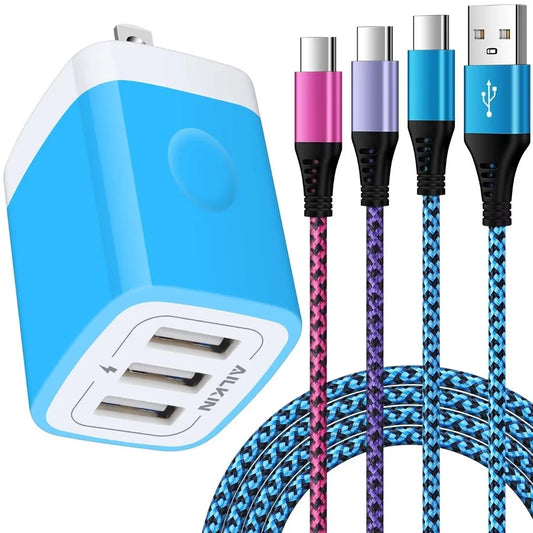 Charging Block,Type C Charger Block Fast Charging  Multi Three Port Charger Block with 3PCS Type C Charging Cables 6Ft USB C Cables Wall Charger Block Plug Android Charger Phone Cords Type C