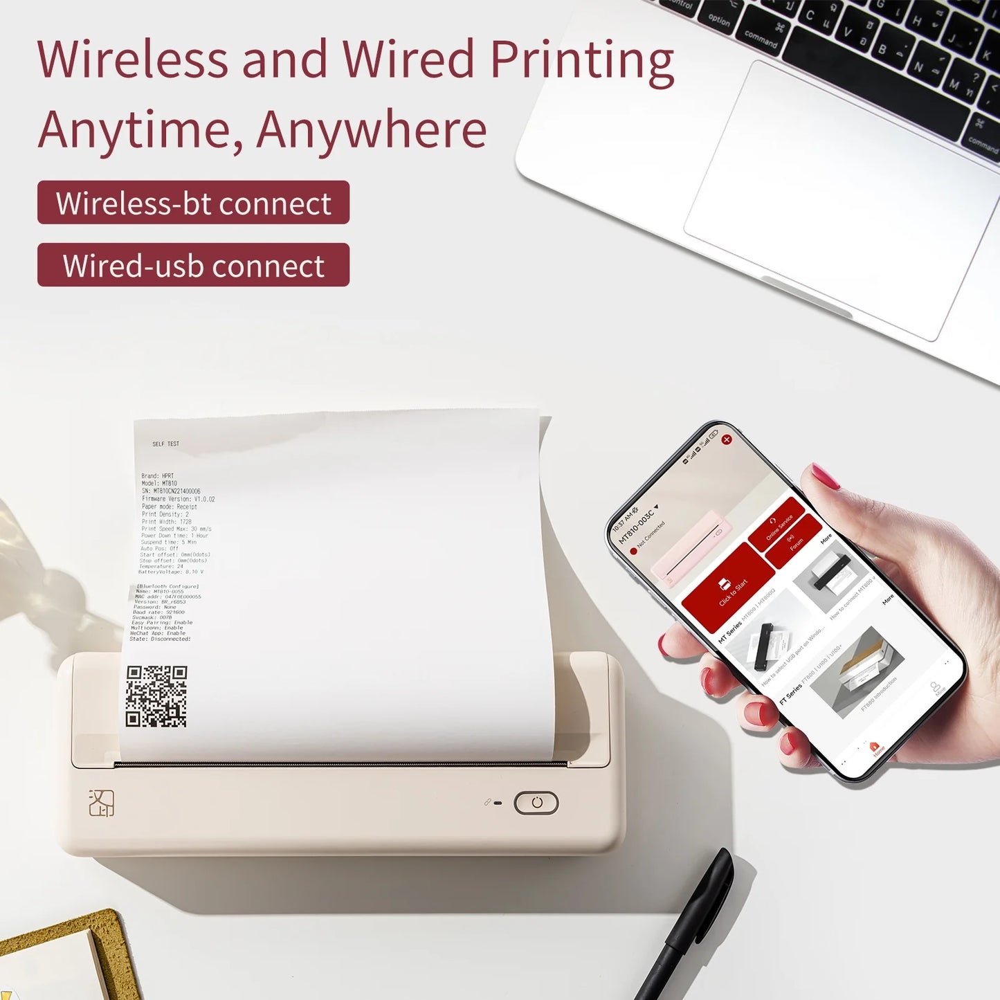 Wireless Portable Printers - A4 Thermal Printer for Travel, Mobile Office, School, Home - Bluetooth Printer Compatible with Ios Android Phone & Laptop, Pink