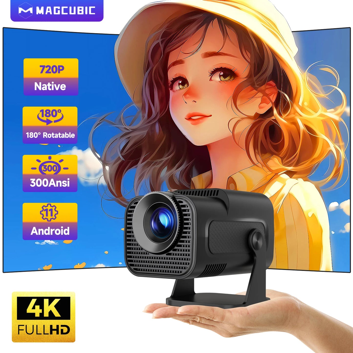 HY320 Mini Newly Native 720P Android 11 4K Projector 300ANSI Wifi6 BT5.0 Cinema Outdoor Portable 180° Rotable Projector