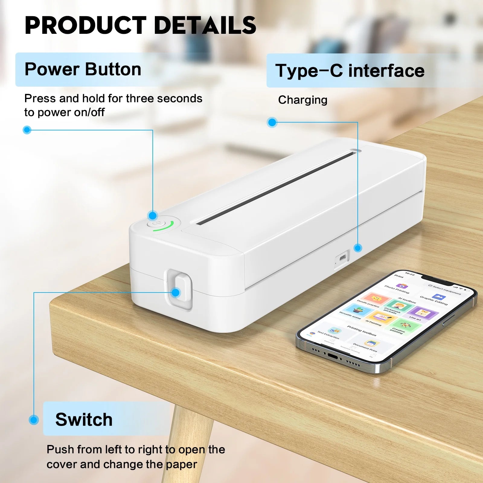 Bluetooth Printer, 8.27" Wide A4 Paper, Portable Wireless Thermal Inkless Printer with APP for Phone