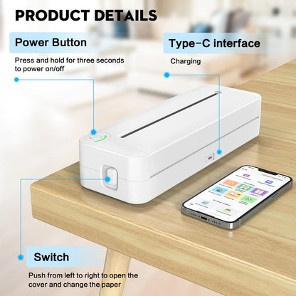 Bluetooth Printer, 8.27" Wide A4 Paper, Portable Wireless Thermal Inkless Printer with APP for Phone