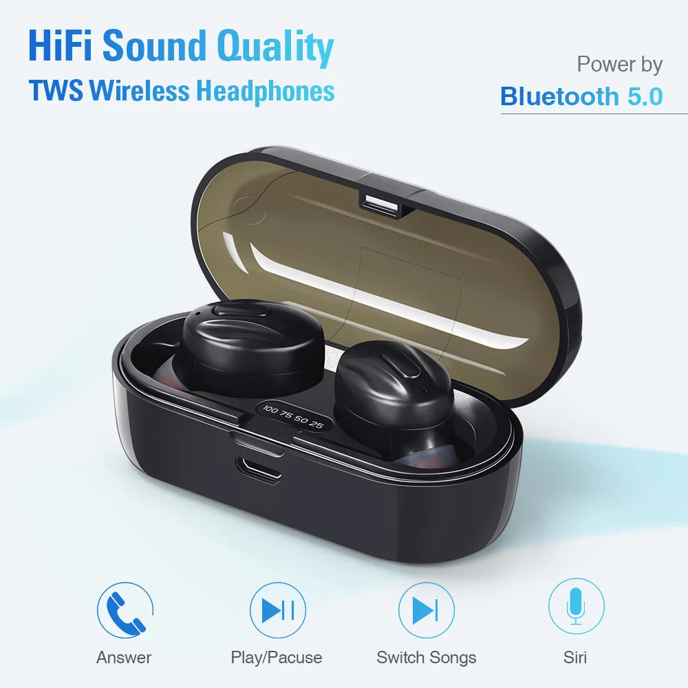 True Wireless Earbuds, Bluetooth 5.0 Headphones with Noise Cancelling Mics, 15H Playback, Waterproof In-Ear Earphones with Charging Case for Android Ios