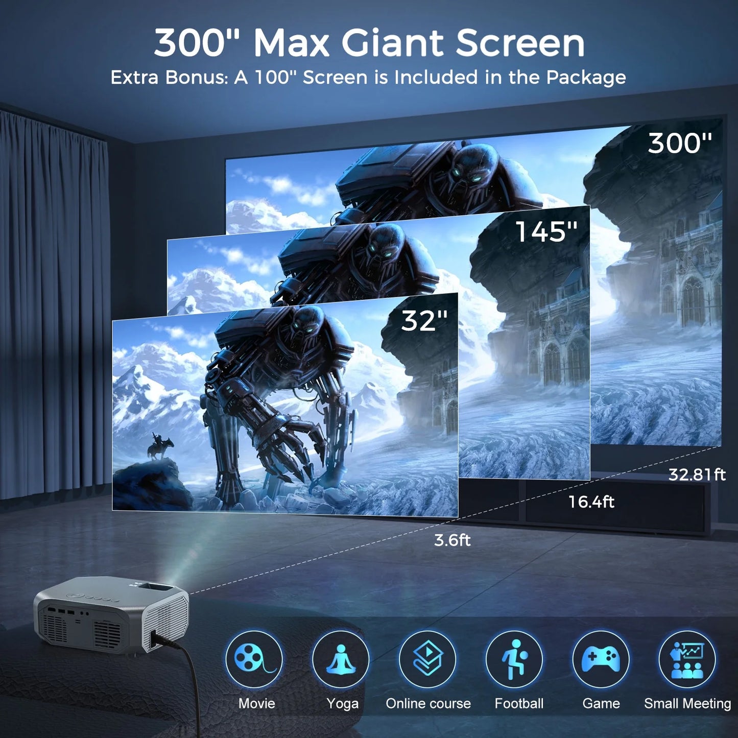 Professional Projector Native 1080P 5G Wifi 300" Display Projector with Bluetooth 5.1, 15000L Full HD 4K Outdoor Movie, 100" Screen Included