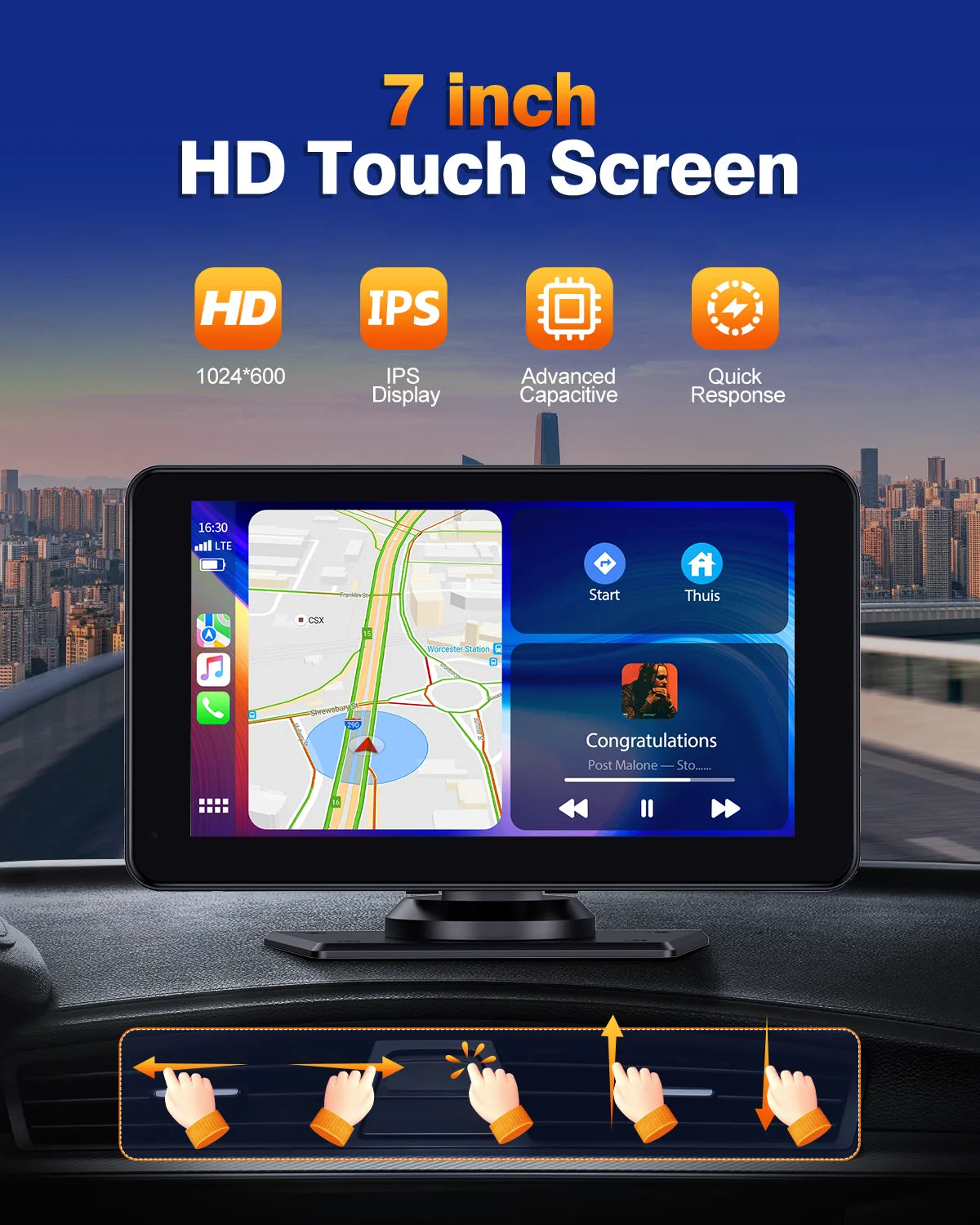 Portable 7 Inch Wireless Apple Carplay & Android Auto, 1080P HD Touchscreen GPS Navigation Car Stereo, Car Radio Receiver with Bluetooth, Mirror Link, FM, Siri