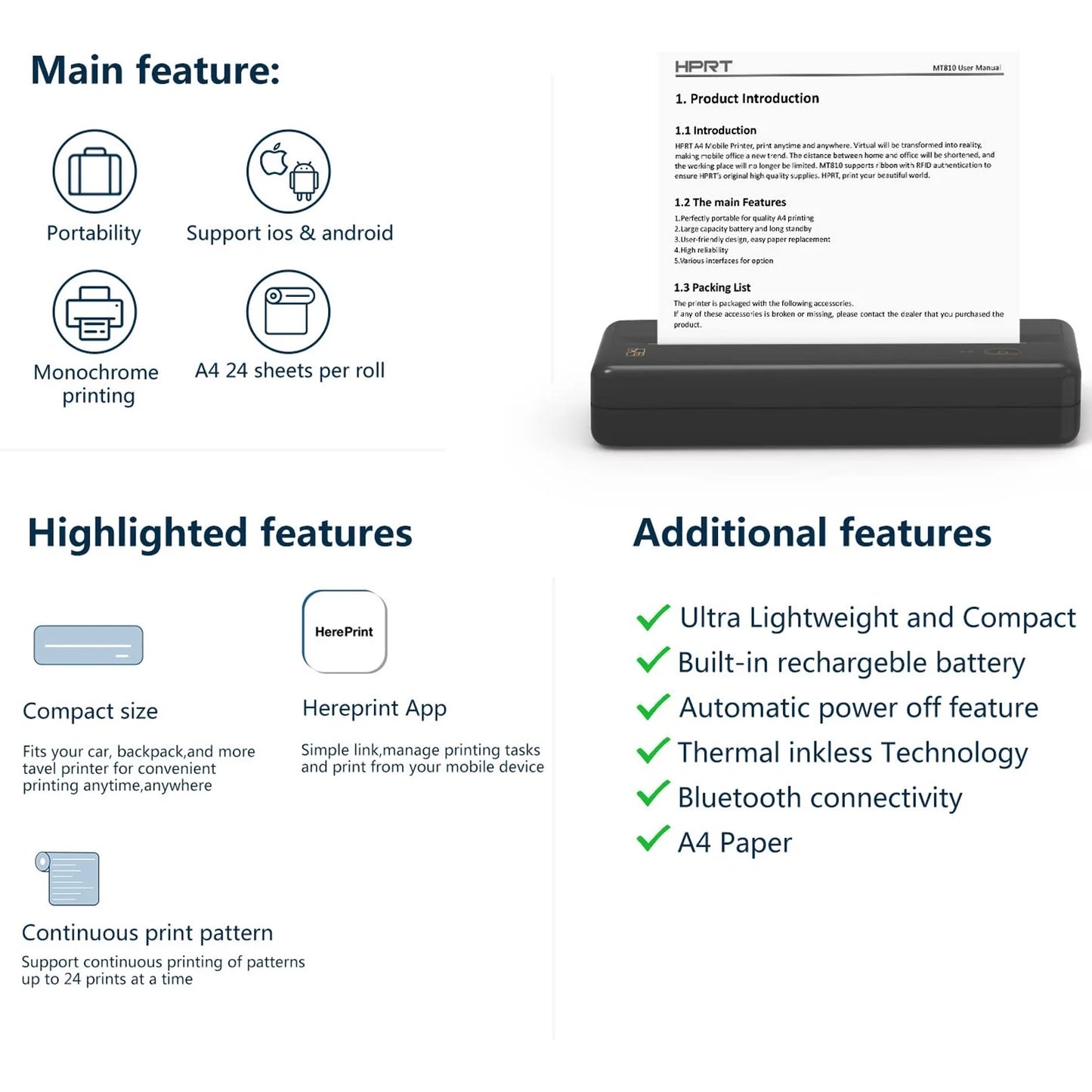 HPRT MT810 Portable Printer, A4 Wireless Bluetooth Travel Printer, Thermal Printer Support 8" & 4" Thermal Roll Paper Suitable for Home Vehincles Office Business